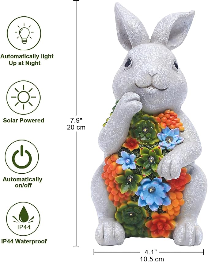 Nacome Solar Garden Outdoor Statues Bunny with Succulent and 7 LED Lights – Lawn Decor for Patio, Balcony, Yard Ornament for Mom Grandma Women
