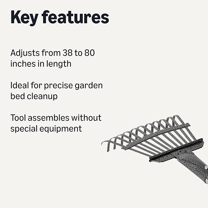Amazon Basics - Garden Rake, 38.5" - 80.5" Adjustable Steel Handle, Black