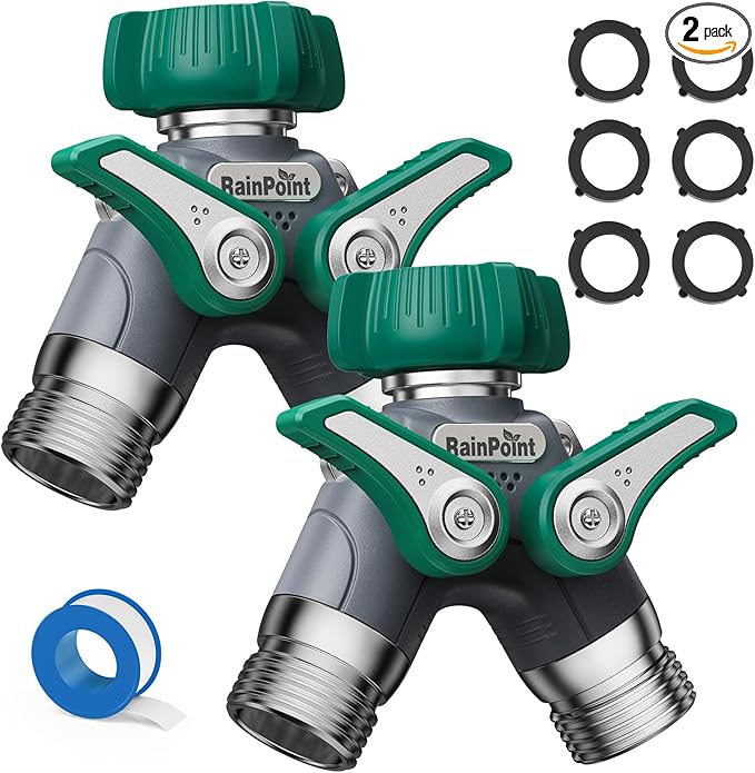 RAINPOINT Garden Hose Splitter 2 Way Heavy Duty, 3/4'' Connector Water Hose Bib Y Spigot Splitter with Shut-Off Valve, 100% Metal Body Outdoor Water Faucet Adapter Fittings (2 Pack)