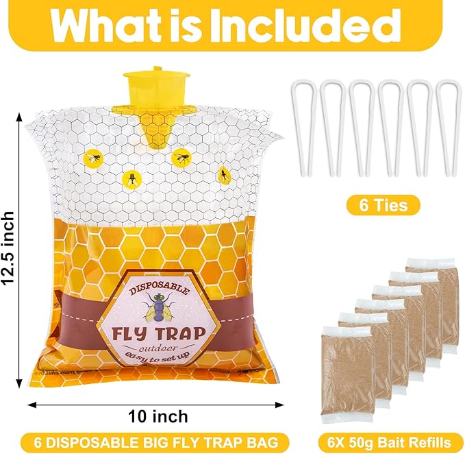 6 Pack Big Fly Traps Outdoor Hanging for Patio, Flies Bags Outdoor Disposable with 50g Bait, Bug Fly Hunter Catcher Killer Control for Barn Horse Ranch Chicken Coop