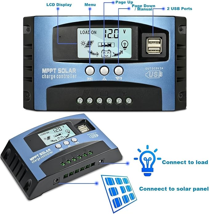 100A MPPT Solar Charge Controller, 12V/ 24V Solar Panel Battery Intelligent Regulator with Dual USB Port, LCD Display and Timer Setting ON/Off Hours