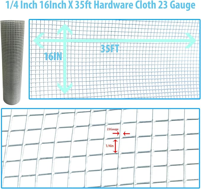 Galvanized Welded Wire Mesh Roll, 16in x 35ft, 1/4 Inch 23 Gauge Hardware Cloth - Garden Fencing for Rabbits, Chickens, Snakes, Gophers, Raccoons & Small Critters - Cage, Enclosure, Pest Barrier