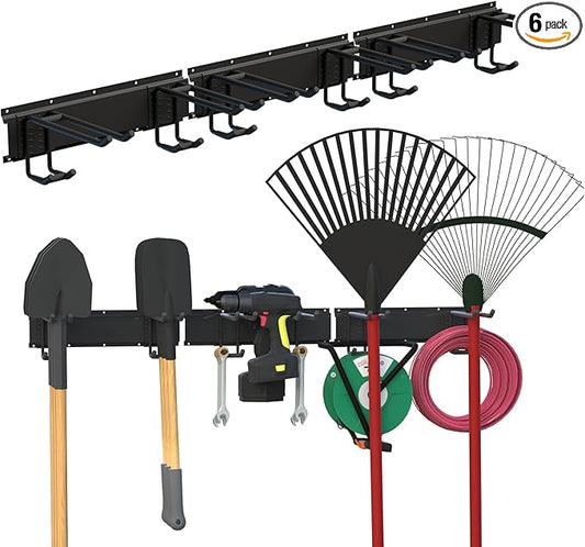 Wall Mount Garage Storage | Garden Tool Organizer | 350 lb Capacity Adjustable Steel Rails with 6 Rubber-Coated Hangers | Rustproof Carbon Steel Storage Rack for Garage, Shed & Outdoor Tools