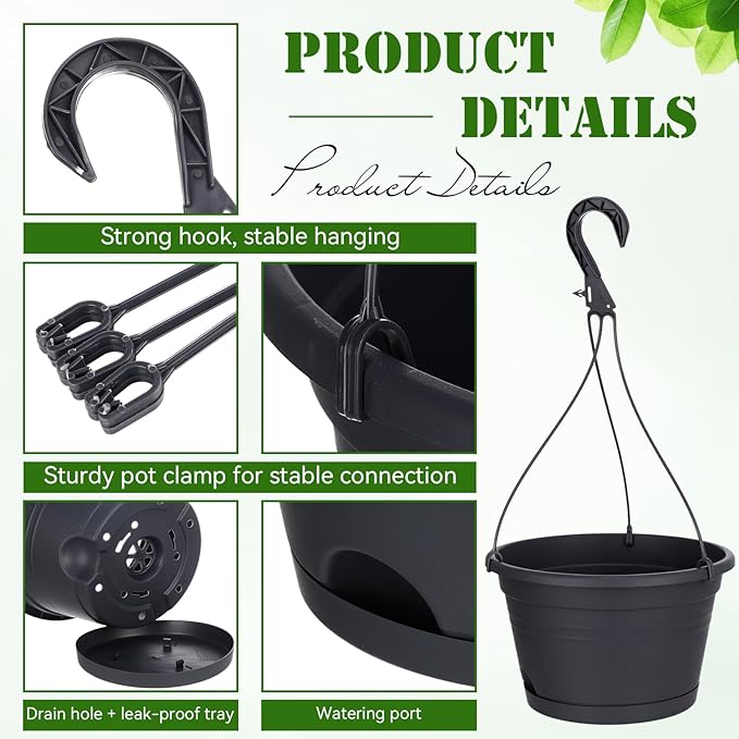 Roshtia 10 Pcs 10 Inch Hanging Baskets for Plants Large Plastic Hanging Basket Pots with Drainage Trays Self Watering Planter Pots for Outdoor Indoor Plants Flowers Garden Balcony (Black)