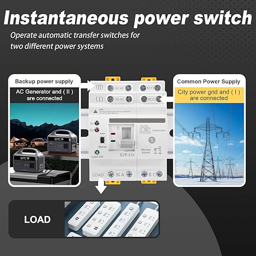 63Amp 110V AC Mini ATS Automatic/Manual Transfer Switch, 4Pole G2R Solar Auto Dual Power Changeover Switch for Home, Din Rail Mounted 50/60Hz CE Certified for Rv, Lv, Cn Public/Backup Power