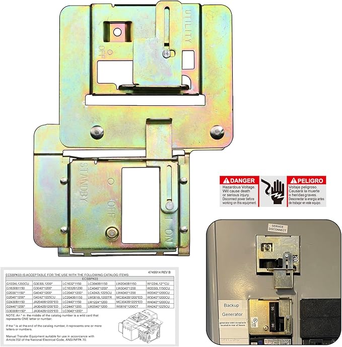 Generator Interlock Kit Compatible with Siemens and Murray, ECSBPK03 Mechanical Interlock Kit Between The Main Breaker Powered by Utility Power and Generator Powered by Standby Power.