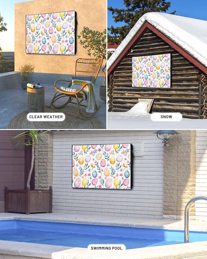 Easter Egg Outdoor TV Cover for Outside Flat Screen,Spring Flower 600D Thick Waterproof Weatherproof Outdoor TV Screen Protector with Zipper for 60 to 65 Inch Flat Screens Colorful Floral Leaves