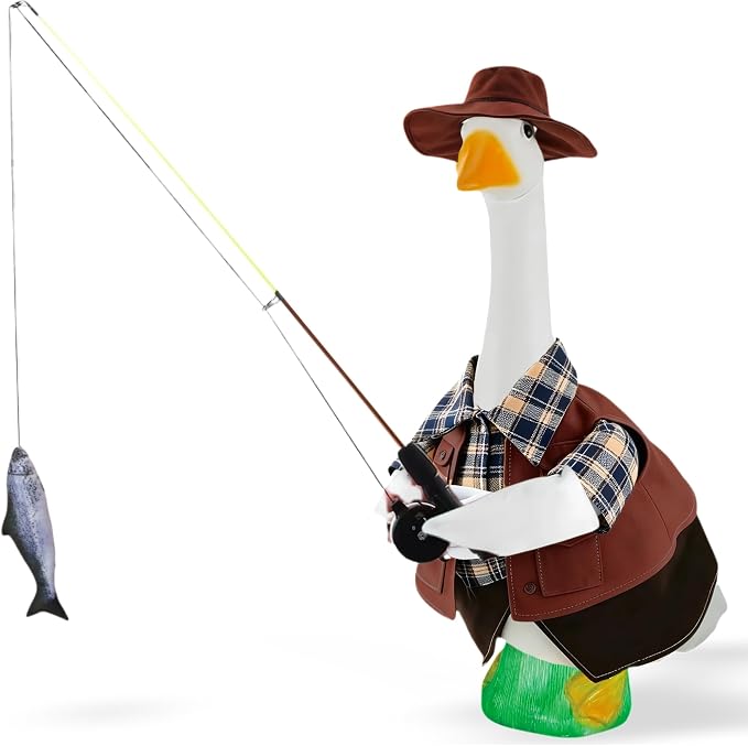 Fishing Porch Goose Outfits, Fisherman Costume for 23 Inch Plastic/Cement Goose, Goose Sculpture Clothes for Summer Yard Patio Party Decoration(Fishing Enthusiast 2)