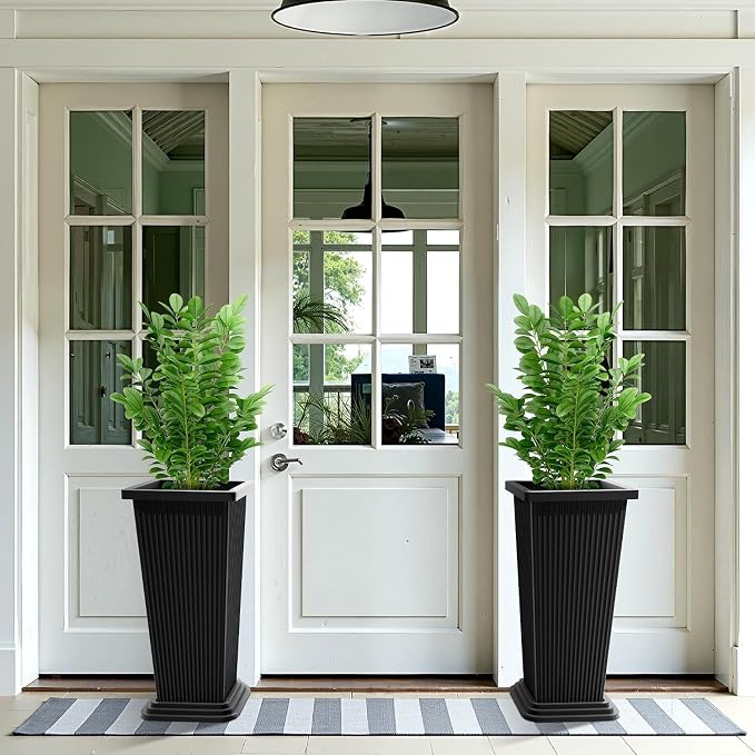 24in Tall Planters Set of 2 with Saucers, Black Stripe | Built-in drainage system, Durable composite plastic, Fade-resistant design, Weather Resistant, Patio & porch decor
