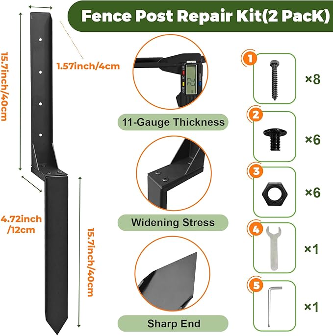 Fence Post Repair Kit, Thickened Heavy Duty Fence Post Anchor Stakes for Repair Tilted, Broken Wood Posts Support (Black, 2 Pack)