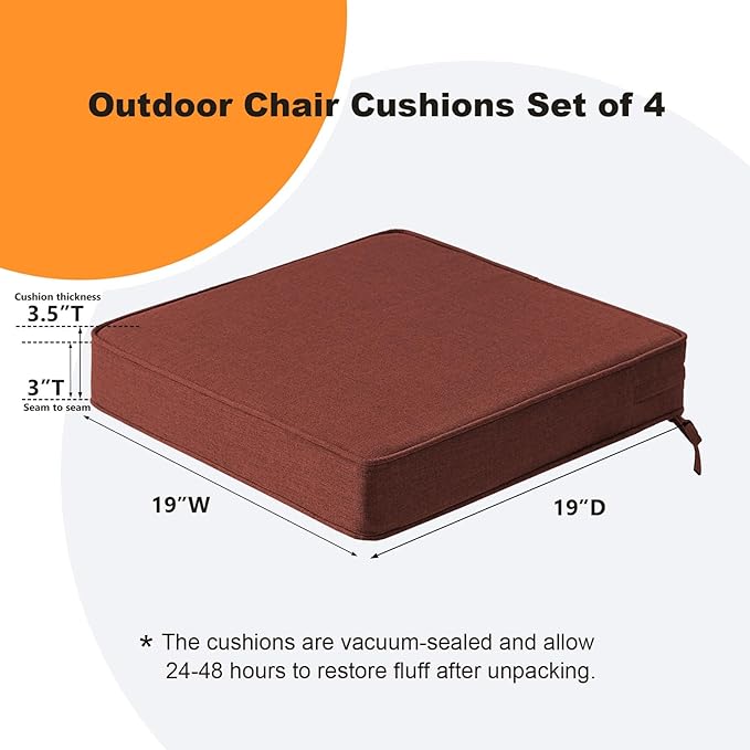 Unimatta Sunbrella Square Corner Seat Cushions, 19" x 19" x 3", Set of 4, Indoor Outdoor Water Repellent Universal Chair Pads with Ties for Patio Furniture, Garden Deck Dining Chairs, Canvas Henna