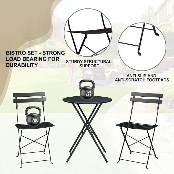 3-Piece Folding Bistro Set, Outdoor Patio Furniture Set with 2 Chairs & 1 Table, Space-Saving Foldable Balcony Garden Set with Heavy-Duty Powder-Coated Steel Frame, No Assembly Required, Black