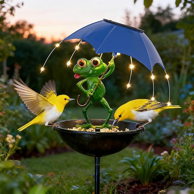 Garden Decor Solar Bird Feeder Frog, Frog Gifts Hummingbird Feeder Decorative Path Lights Yard Art Ornament Bird Feeder,Outdoor Solar Lights Frog Figurine Lights with Umbrella (Frog)
