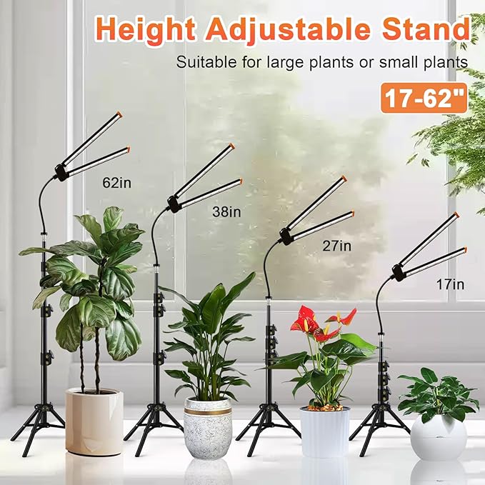 Grow Light with Stand, Super Bright 6000K White Full Spectrum Floor Plant Growing Lamp with Rotatable Light Head & Height Adjustable 17-62" for Indoor Large Tall Plants, Dimmable & Auto Timer 4/8/12H