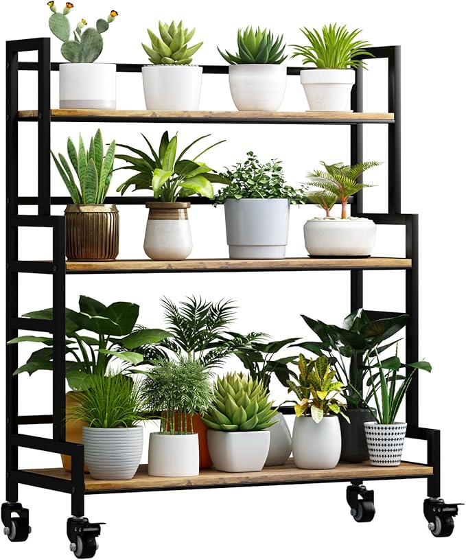 YIZAJIA Plant Stand Indoor 3 Tier Metal Board Outdoor Tiered Stands Shelf With wheel for Multiple Plants Potted Ladder Plant Holder Table Plant Pot Stand for Window Garden Balcony Living Room