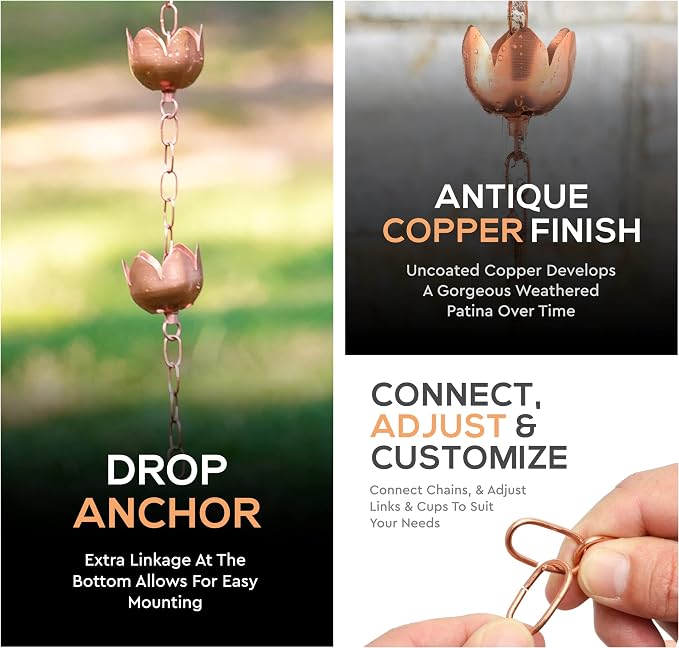 Copper Rain Chain – Decorative Chimes & Cups Replace Gutter Downspout & Divert Water Away from Home for Stunning Fountain Display – for Universal Fit