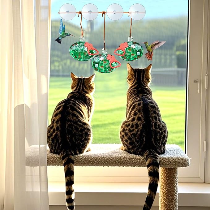 Pozfun Window Hummingbird Feeder with Suction Cups,Hand-Blown Glass Hummingbird Feeders for Outdoors Window Mounted with Metal Hook,Close Bird Watching,Finch in Garden,Yard(Green)
