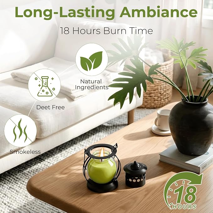 Citronella Candles Outdoor 3 Pack, DEET-Free Soy Wax Candles with Upgraded Metal Lantern Design, Long Burning Lemongrass Candles for Patio, Garden & Backyard Decor