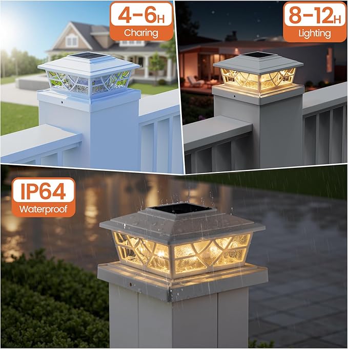 APONUO Solar Post Cap Lights 12 Pack for 4x4 5x5 6x6 Wood Vinyl Fences - Post Lights Solar Powered, IP64 Waterproof, Auto On/Off, for Deck Patio Yard (Warm & Cool White)