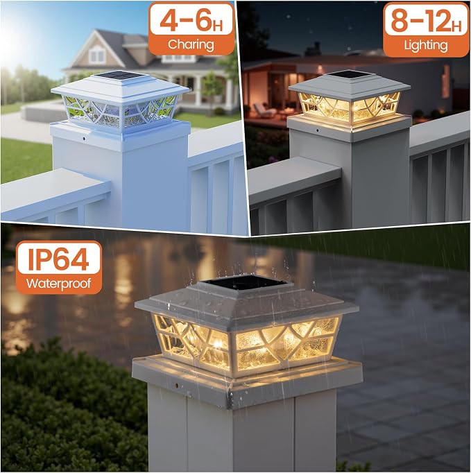 APONUO Solar Post Cap Lights 6 Pack for 4x4 5x5 6x6 Wood Vinyl Fences - Post Lights Solar Powered, IP64 Waterproof, Auto On/Off, for Deck Patio Yard (Warm & Cool White)