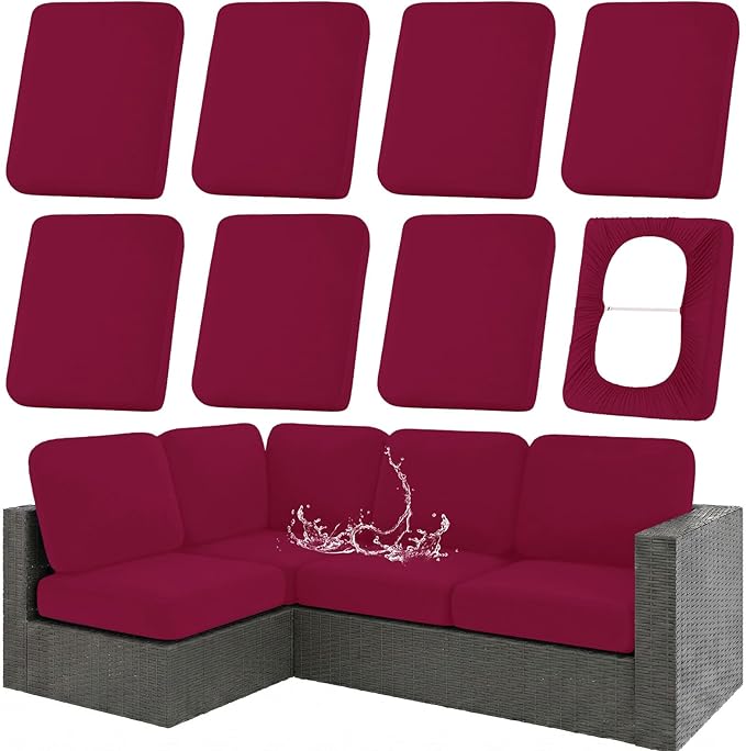 hyha Waterproof Outdoor Cushion Covers for Patio Furniture, Stretch Patio Chair Cushion Slipcovers, Coated UV Resistant Replacement Seat Covers, Solid Color (Wine Red, 8PC)