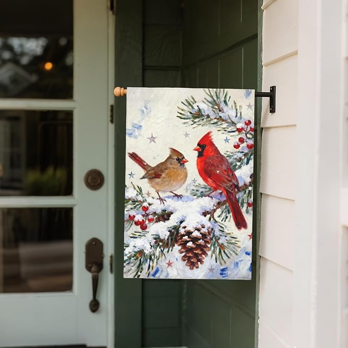 Winter Cardinal House Flag 28x40 Inch Pinecone Twigs Holly Berry Christmas Holiday Decorative Garden Flags for Outside Double Sided Seasonal Outdoor Home Farmhouse Decoration Porch Yard January Decor