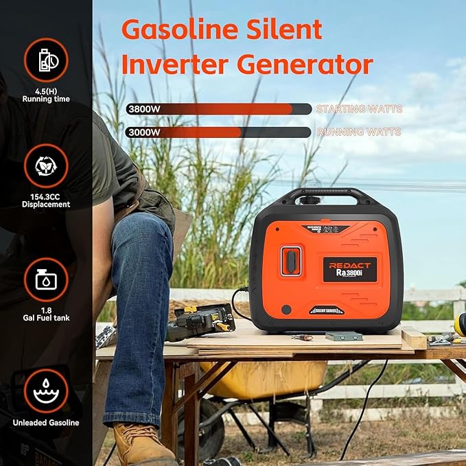 3800W Lightweight Portable Inverter Generator with Clean Power for Home, Camping, RV, Tailgating & Emergencies | Eco-Mode, CO Protection, Parallel Ready, Ultra-Quiet Gas Generator