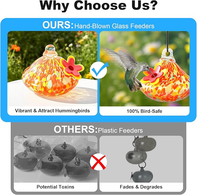 Wind Chime Glass Hummingbird Feeder - 20 Oz Outdoor Hanging Feeder with 6 Ports, Attract More Hummingbirds, Leak-Proof Design, Unique Garden Backyard Decor & Ideal Gift (Orange)