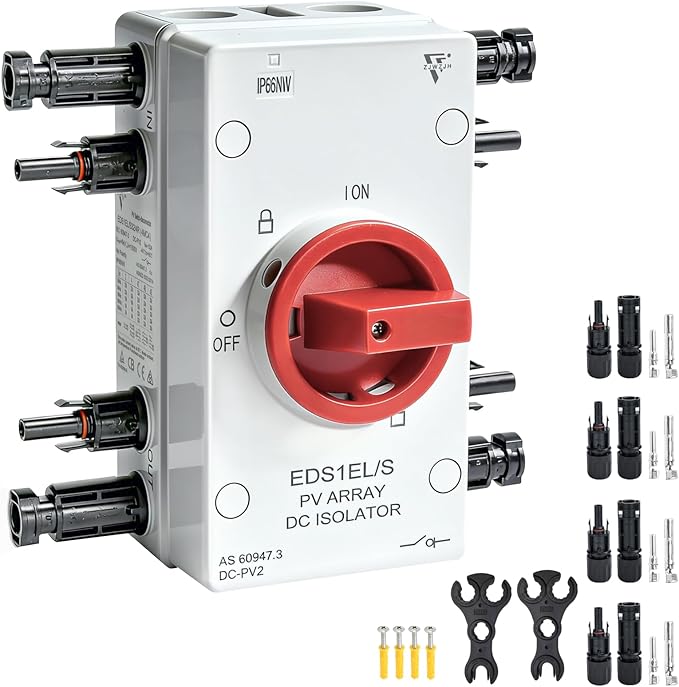 Solar Disconnect Switch 4-Pole DC1500 32A Isolator Solar Switch with Enclosure for Rooftop Solar Systems, RVs and Boat Waterproof IP66 Red