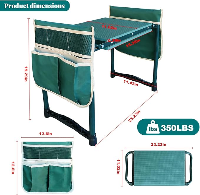 Heavy-Duty Garden Kneeler and Seat with Two Tool Bag Extra-Wide 11.02" Foldable Gardening Stool for Knee & Back Support | Non-Slip, Portable Bench for Women, Men, Seniors, Mom, Dad
