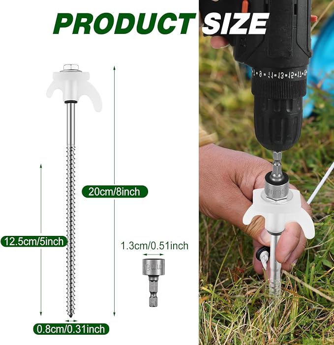 Yaocom 10 Pcs 8" Screw in Tent Stakes Heavy Duty Tent Stakes Drillable Ground Anchors Screw Metal Tent Pegs Threaded Tent Spikes with Head Driver for Swing Inflatable Decor (Illuminant White)