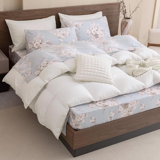QSH Floral Queen Size Sheet Sets - 100% Egyptian Cotton Sheets Elegant Blue Vintage Paisley Flower Pattern Printed Bedding Sheets Queen Size Bed Breathable 4pcs Deep Pockets Bed Sheets