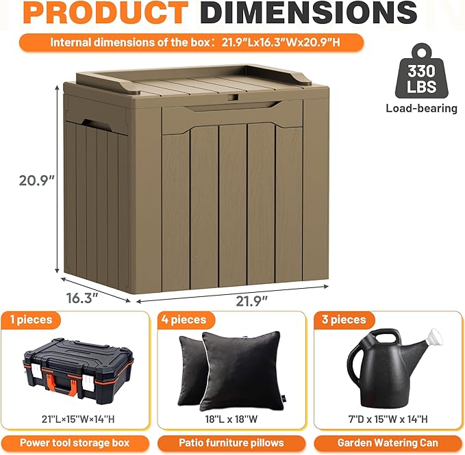 32 Gallon Deck Box Outdoor Indoor Waterproof Storage Box for Patio Furniture, Pool Accessories, Garden Tools, and Cushion Storage, Coffee