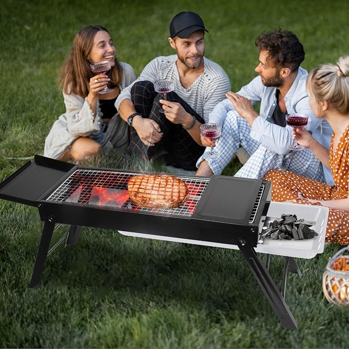 Foldable BBQ Grill, Small Charcoal Grill with Side Shelf Stainless Steel Net, Portable Tabletop Barbecue Grill for Camping Picnic Outdoor Party Garden (22 x 9 x12in)