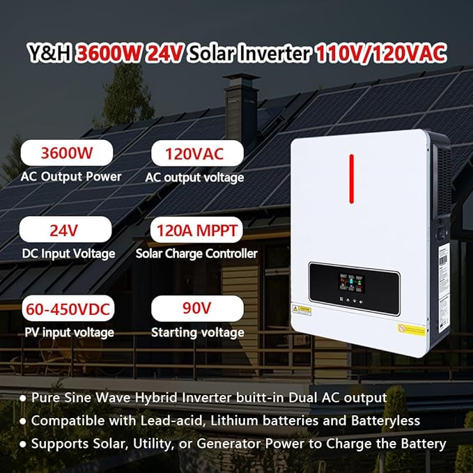 Y&H 3600W Hybrid Solar Inverter DC 24V to AC 110/120V Pure Sine Wave, w/ 120A MPPT Controller, Dual AC Output, Max 4200W PV Input, Lead-Acid/Lithium/Battery-Free Use, for Home Backup, RV, Off-Grid