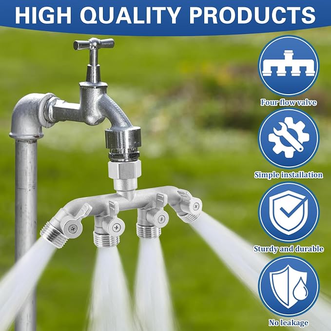 4 Way Garden Hose Splitter, 304 Stainless Steel Outdoor Faucet Splitter with 4 Individual Shut Off Valves, 3/4" GHT High Flow Hose Bib Spigot Connector