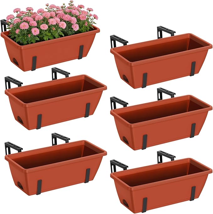 CADUKE 6 PCS Railing Planter Boxes, Planter Boxes with Adjustable Bracket, 17 Inch Deck Rail Planters for Outdoor Plants, Flower Pots for Balcony Garden Decor, Red