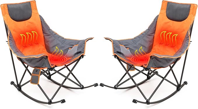 SUNNYFEEL Oversized Heated Rocking Camping Chair 2 Pack, Fully Padded Patio Chair with Side Pocket, High Back Portable Lawn Recliner with Carry Bag, Outdoor Rocker Chair for Adults Heavy Duty 500 LBS