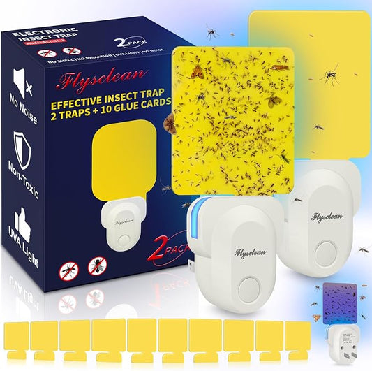 Flying Insect Trap Plug-in, Indoor Mosquito & Gnat Killer, Safe Non-Toxic UV Light Fly Catcher, Night Light Bug Trap with Sticky Pad for Flies, Gnats, Moths (2 Pack, Ivory)
