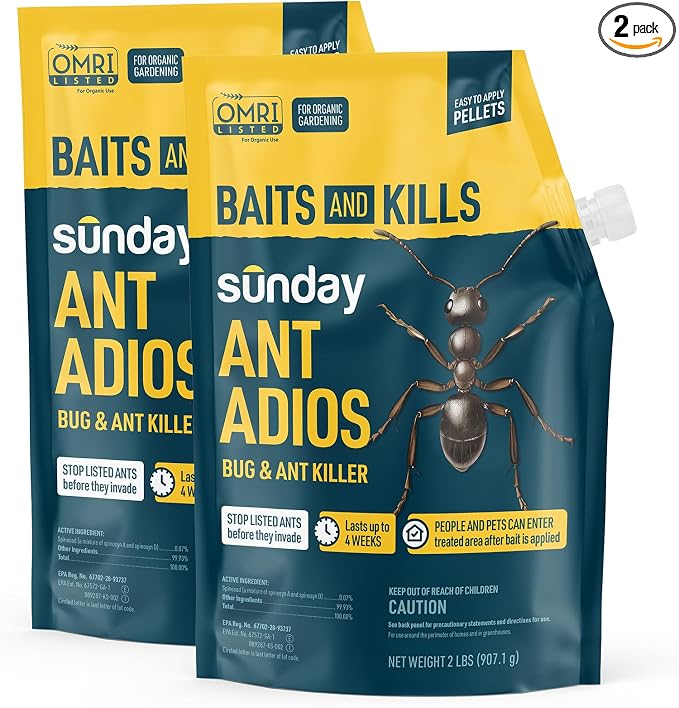 Sunday Ant Adios - Bug & Ant Killer - Outdoor Insect Control Uses Spinosad to Eliminate Ants, Earwigs, Cutworms, & More - Treats 4,000 sq ft - Results in 3-14 Days - 2 Pack, 2lbs
