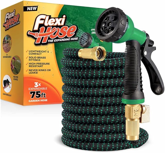 Flexi Hose with 8 Function Nozzle, 75FT - Lightweight Expandable Garden Hose, No-Kink Flexibility, 3/4 Inch Solid Brass Fittings and Double Latex Core - Green