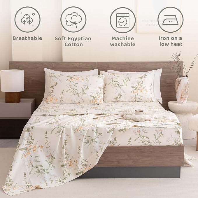 QSH Floral King Size Sheet Sets - 100% Egyptian Cotton Floral Bedding Sheets Yellow Green Leaves Flower Pattern Printed Bedding King Size Bed Sheets 17.5" Extra Deep Pocket 4pcs