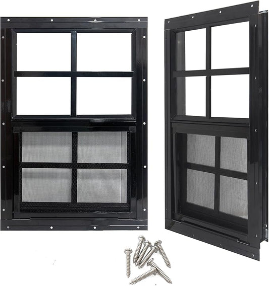 Yuzzy 24" x 27" Shed Windows with Tempered Glass and Fiberglass Screen, 2 Pack Small Sliding Windows for Shed, Chicken Coop, Playhouse, Household, Garage, Barns (Black)