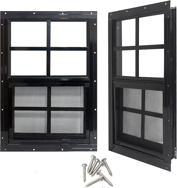 Yuzzy 18" x 23" Shed Windows with Tempered Glass and Fiberglass Screen, 2 Pack Small Sliding Windows for Shed, Chicken Coop, Playhouse, Household, Garage, Barns (Black)