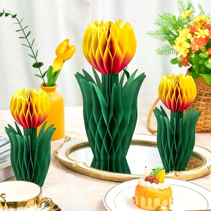 OBBOLO 6 Pcs Tulip Honeycomb Decorations, Spring Decorations for Office, Spring Table Decor, Tulip Party Decorations, Spring Centerpieces for Tables for Mothers Day Spring Party, Womens Day