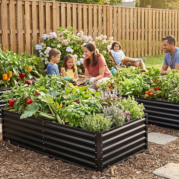 COMHOMA 2 Pack Raised Garden Bed 8x4x2ft,Galvanized Metal Planter Box Kit for Outdoor Gardening,Large Vegetable Flower Growing Beds with Gloves Tools,Black