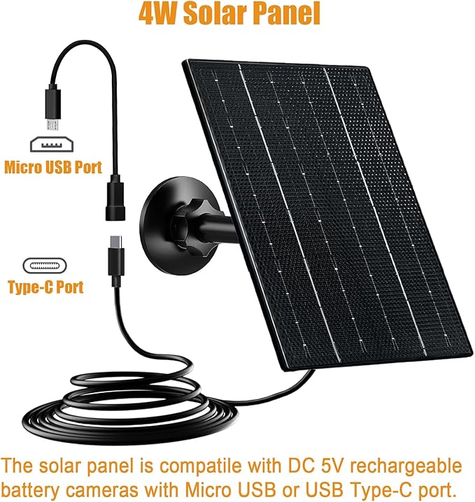 FUTUREZEN 4W Solar Panel for Security Camera, USB-C & Micro USB Solar Charger for 5V Rechargeable Battery Cameras, IP66 Waterproof, 360° Adjustable Bracket, 9.8ft Cable, (1 Pack, Black)