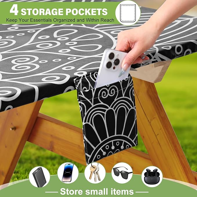 Fitted Picnic Table Cover with Bench Covers Vinyl Waterproof Elastic Edges Fitted Rectangle Tables Patio Tablecloth Camping Gear and Essentials Rv Accessories Road Trip Supplies Car Travel Must Haves