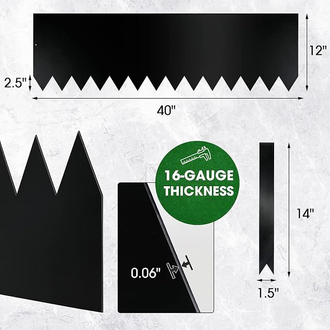 Worth Garden 4-Pack 12" H. Galvanized Steel Landscape Edging w/Black Powder Coating - 40" L x 12" H Strips - Hammer-in 16-Gauge Metal Border w/ 5 Clips & Gloves - Edge for Lawn Yard (13Ft Total)