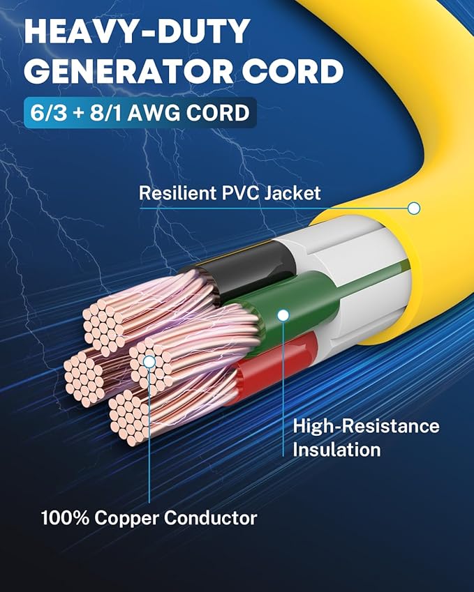 UL Listed 25 Feet 50 Amp Generator Extension Cord, NEMA 14-50P Male to SS2-50R 6/3+8/1 AWG 125/250V Heavy Duty Generator Power Cable with Twist Lock, Connectors for Generator to House